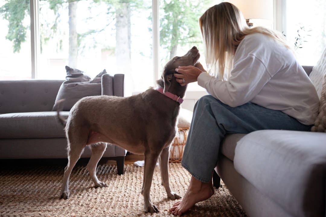support animals anxiety — Woman pets her dog inside a home.