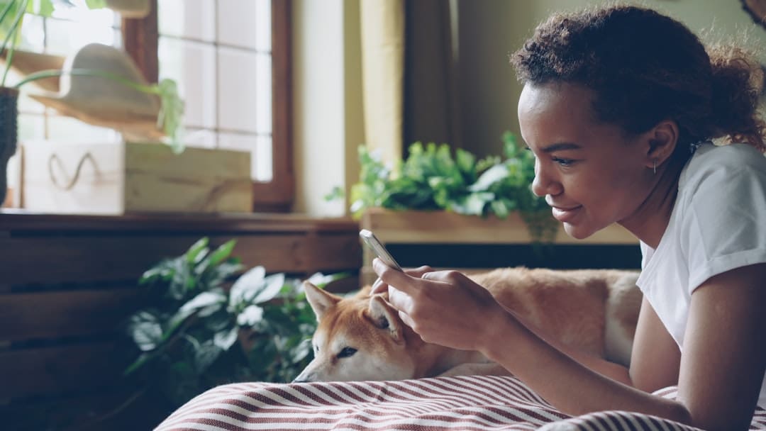 support animal panic — Woman is on her phone with a dog on the bed.