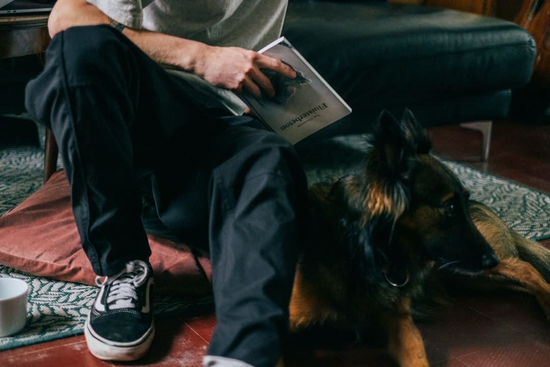 support animal vest — a man sitting on the floor reading a book with his dog